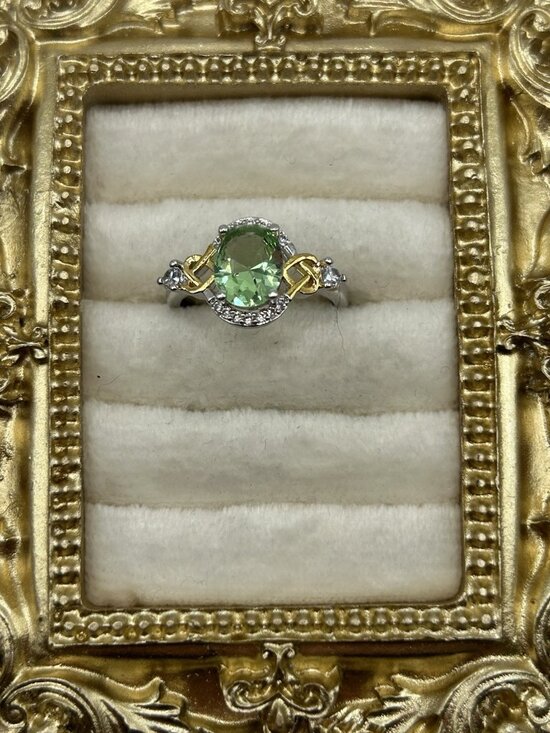 Unbranded Jewelry - Sterling Silver Ring S925 Green Oval Gemstone w/ Gold Accents & CZ Halo Sz 7